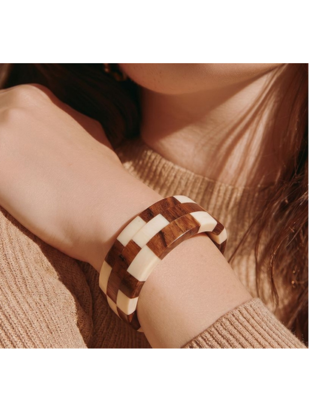 Rare Vintage Brown White Wood Resin Bangle Cuff Bracelet Boho Revival Statement
